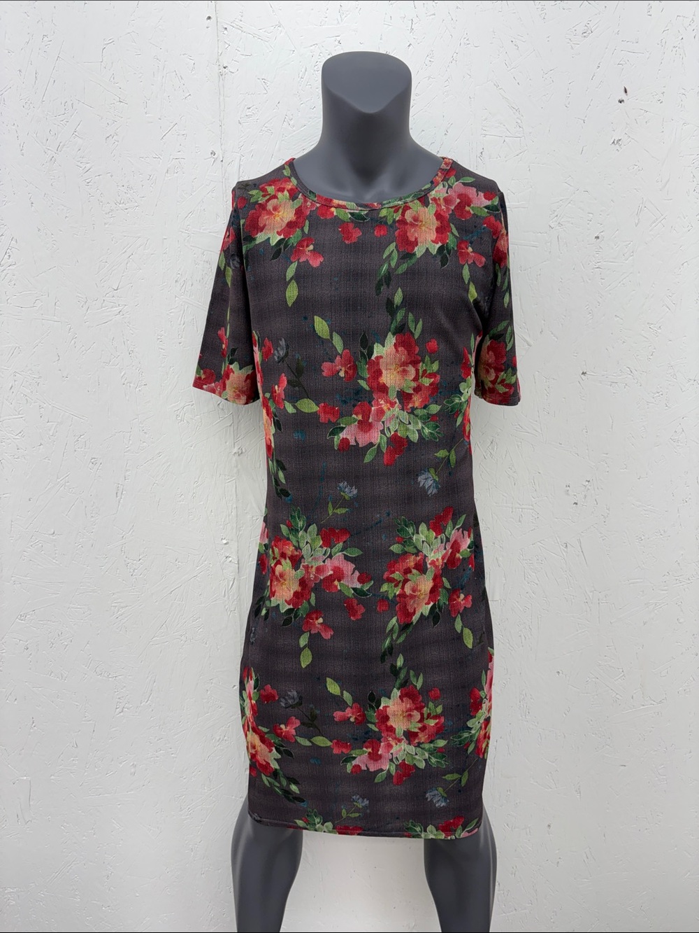 LuLaRoe JULIA Dress Floral Print Short Sleeve Sheath Dress - Dark Grey/Red